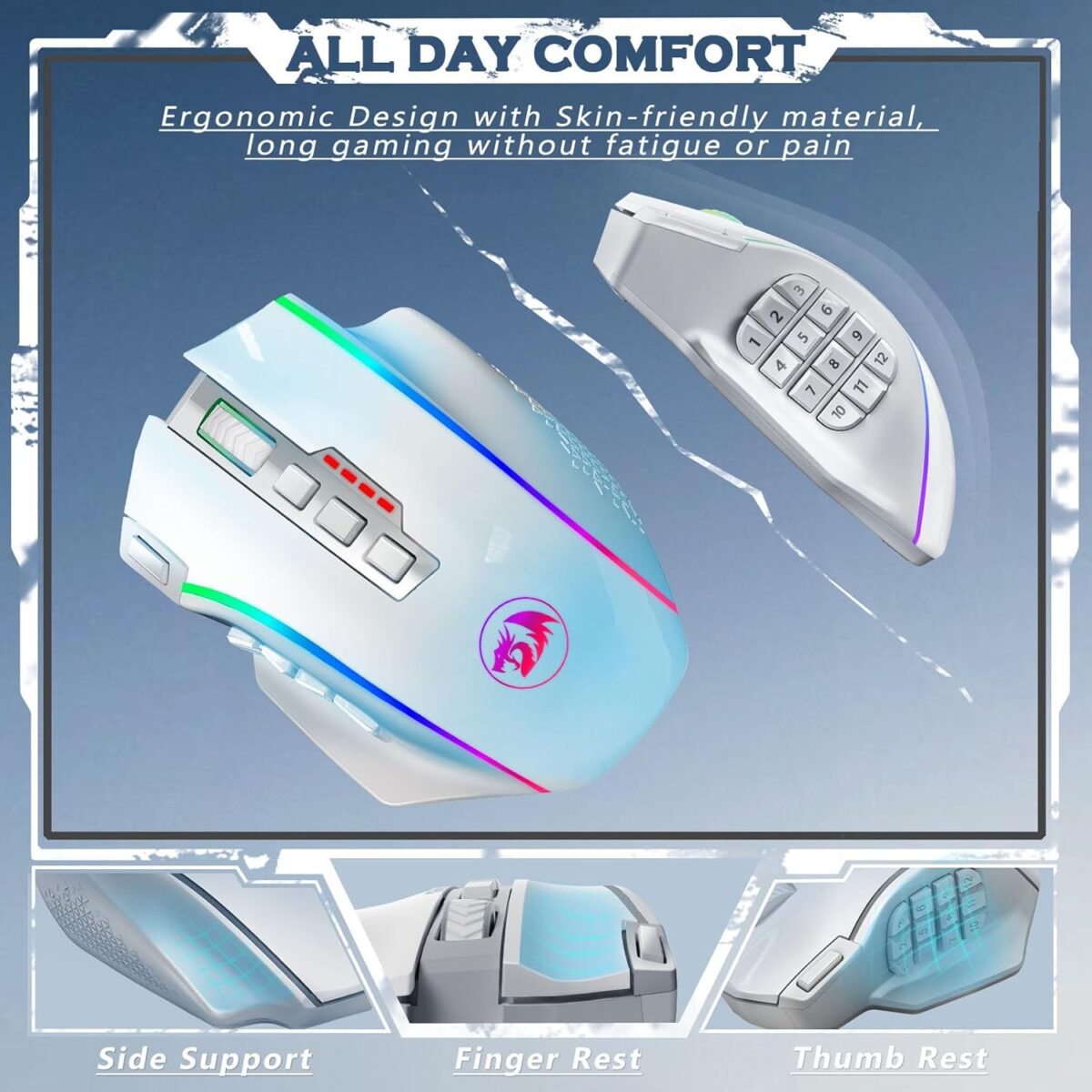 Redragon Wireless Gaming Mouse, MMO Gaming Mouse UP 16,000 DPI, 16 Macro Programmable Buttons, RGB Rechargeable Mouse with 12 Side Buttons, 70Hrs for PC Laptop MOBA FPS, White,M901P-WS - Image 3