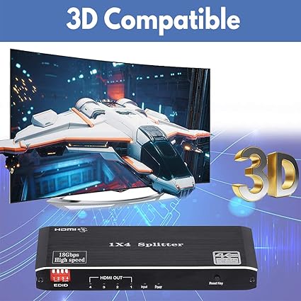 1x4 HDMI Splitter, 4K 60Hz 1 in 4 Out HDMI Splitter Audio Video Distributor Box Support Full Ultra HD, 3D, HDR, Compatible for HDTV, Blu-Ray, DVD, Xbox, PS4 Etc - Image 3