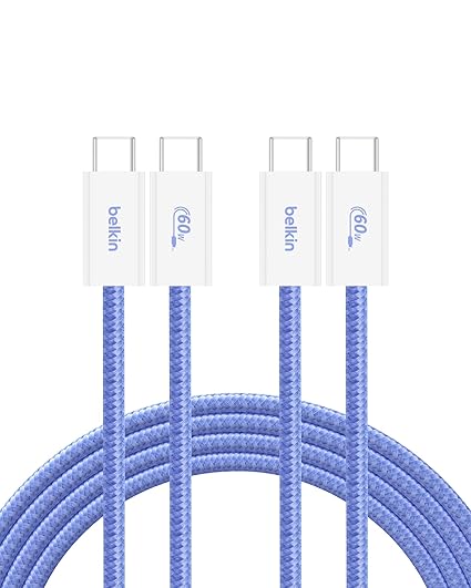 Belkin USB C to USB C Cable 2-Pack, 6.6ft, 60W - Type C Charger, iPhone Charger Cord, Soft, Braided, Flexible for iPhone 17, Galaxy S25, Pixel 10, Airpods, iPad Pro & More, Travel Essentials - Blue
