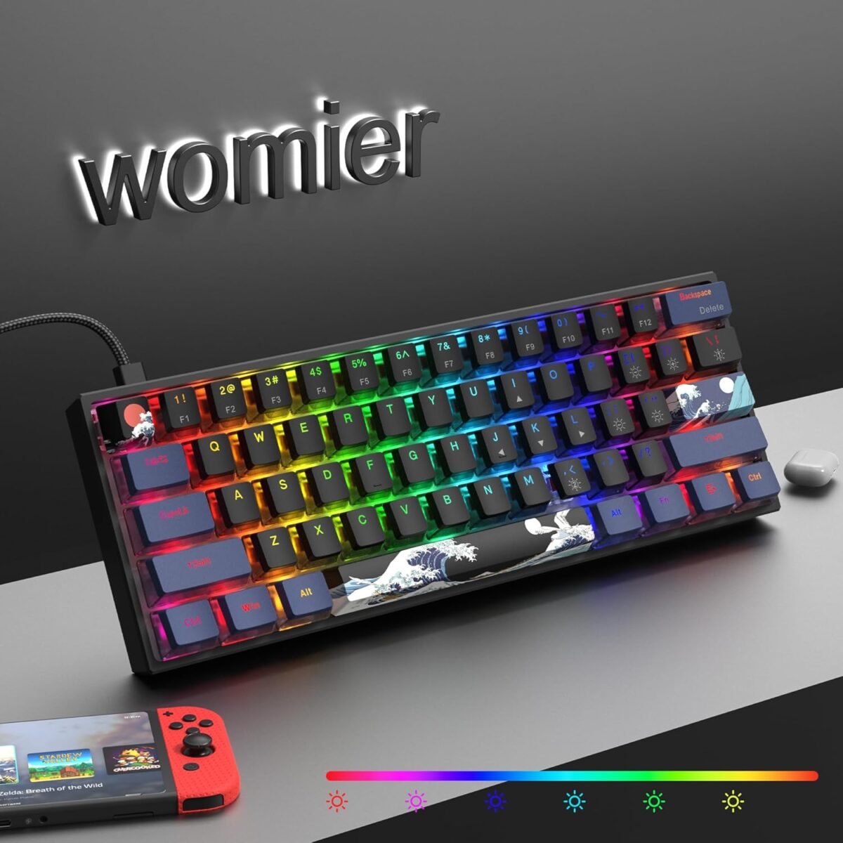 Womier 60% Percent Keyboard Gaming, WK61 Creamy Mechanical Wired Keyboard Anime, Hot-Swappable RGB Key Board with PBT Keycaps for Windows PC Gamers - POM Linear Red Switch(Black Kanagawa) - Image 3