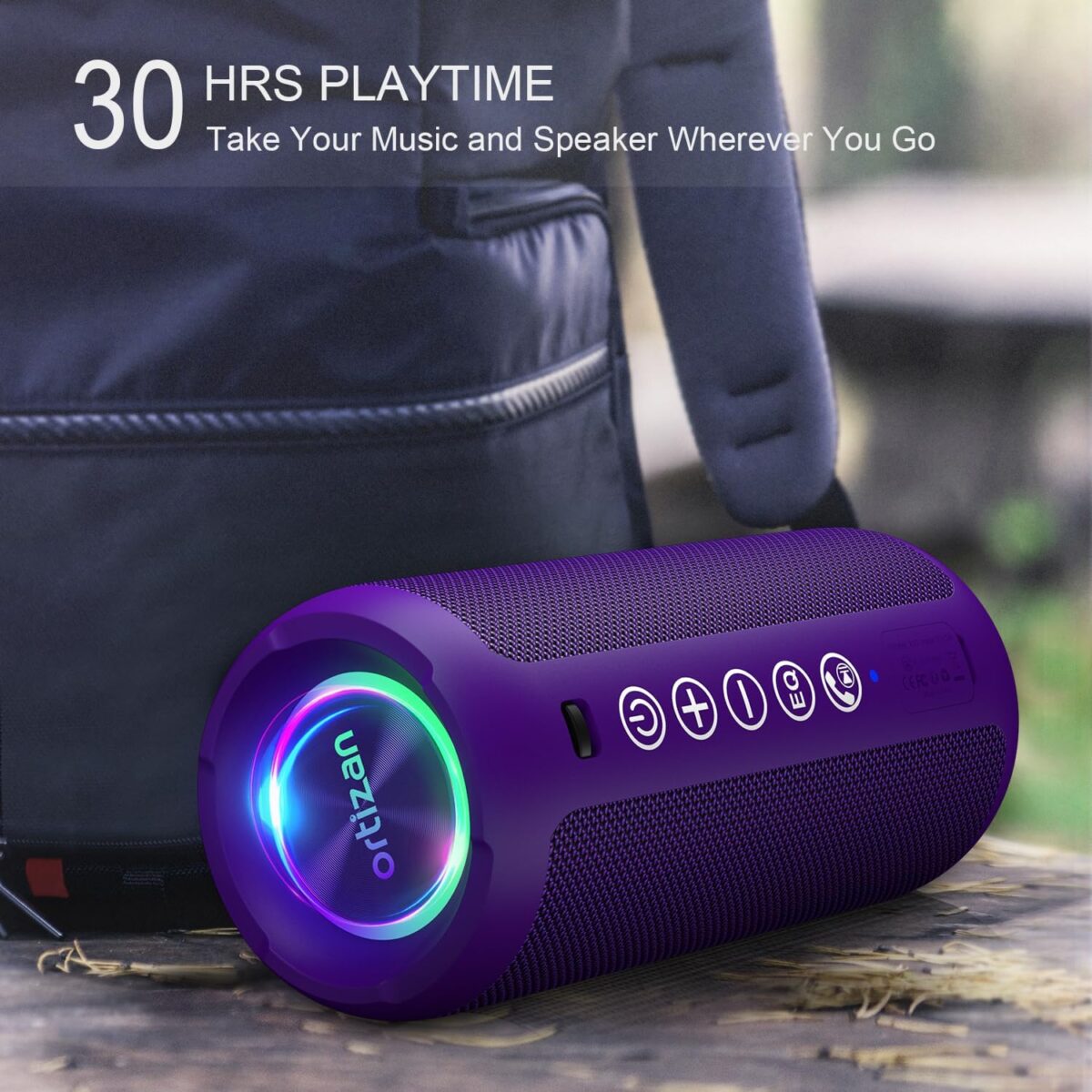 Ortizan Portable Bluetooth Speaker: IPX7 Waterproof, 24W Loud Sound, Deep Bass, Bluetooth 5.3, LED Lights, Wireless Stereo Pairing, 30H Playtime, for Home/Outdoor/Party/Beach, Birthday Gift (Purple) - Image 4