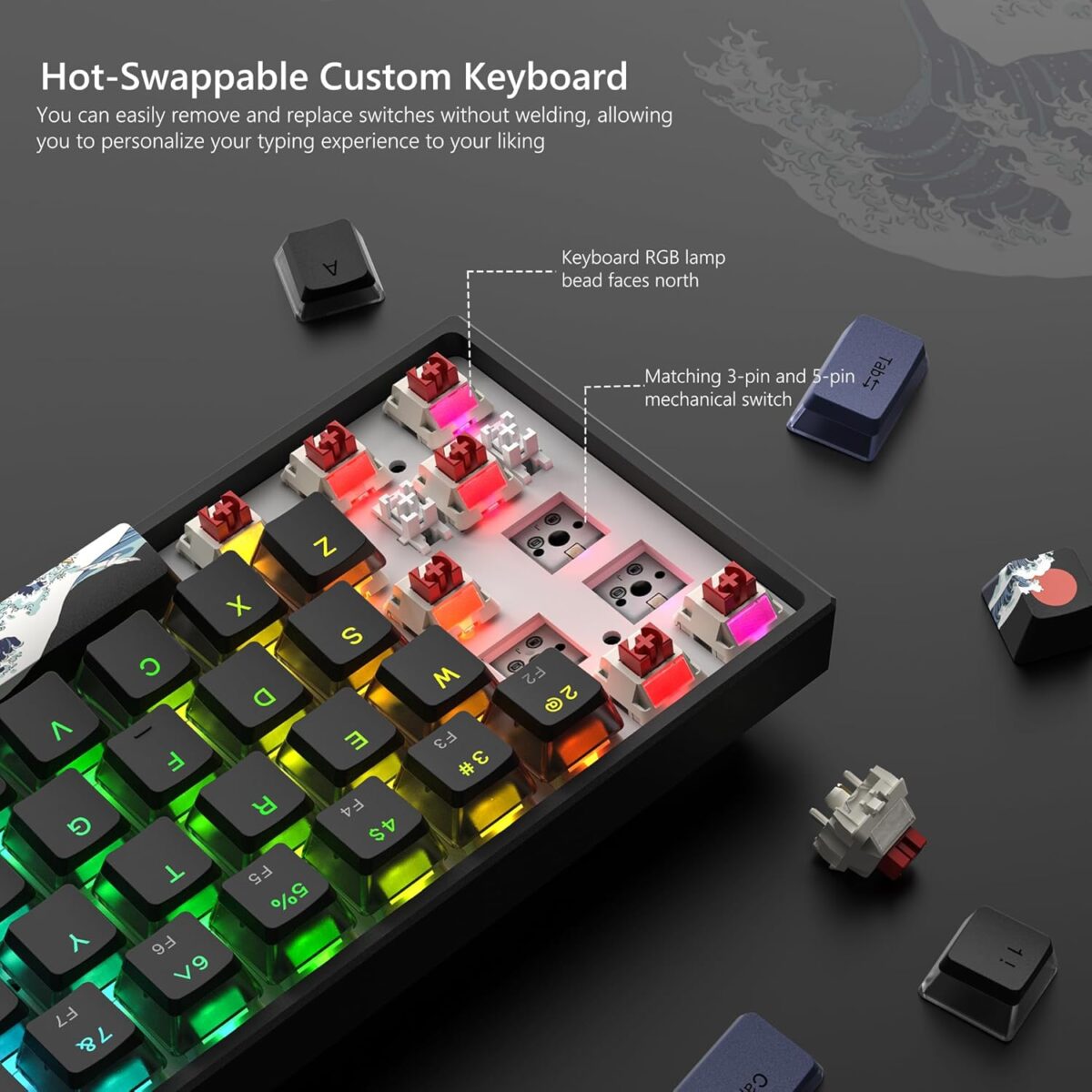 Womier 60% Percent Keyboard Gaming, WK61 Creamy Mechanical Wired Keyboard Anime, Hot-Swappable RGB Key Board with PBT Keycaps for Windows PC Gamers - POM Linear Red Switch(Black Kanagawa) - Image 5