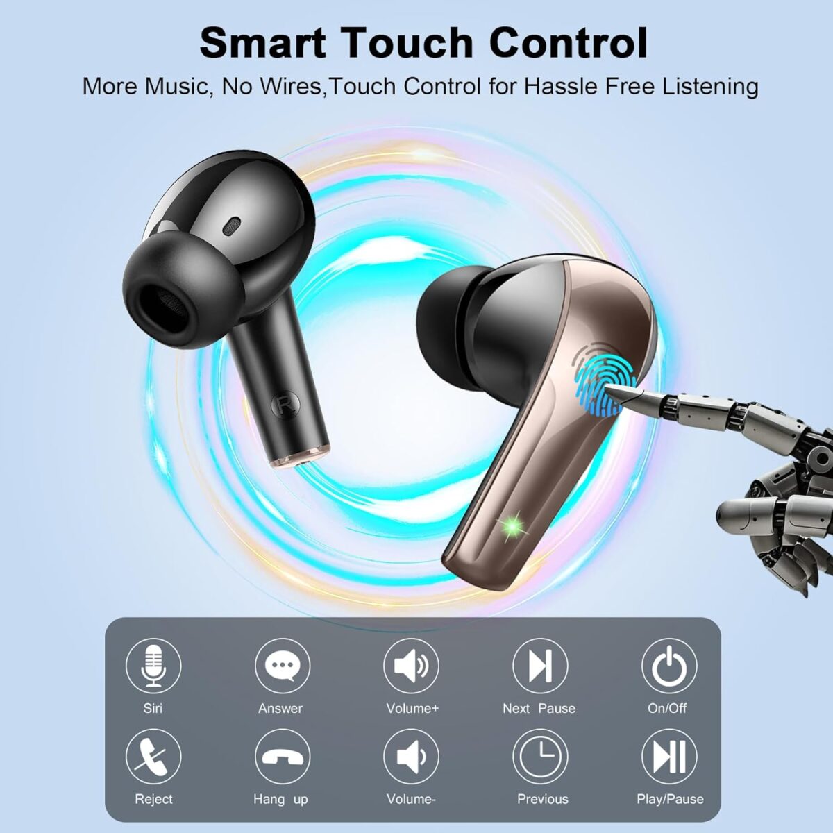 Wireless Earbuds, BluetWireless Earbuds, Bluetooth 5.4 Headphones in Ear, True Wireless Ear Buds HiFi Stereo Deep Bass with 4 ENC Noise Cancelling Mic, Bluetooth Ear Buds 47H Long Playtime LED IP7 Waterproof USB-C (Black)ooth 5.4, Deep Bass, ENC Mic, 47H, LED, IP7, USB-C – Black Gold - Image 7