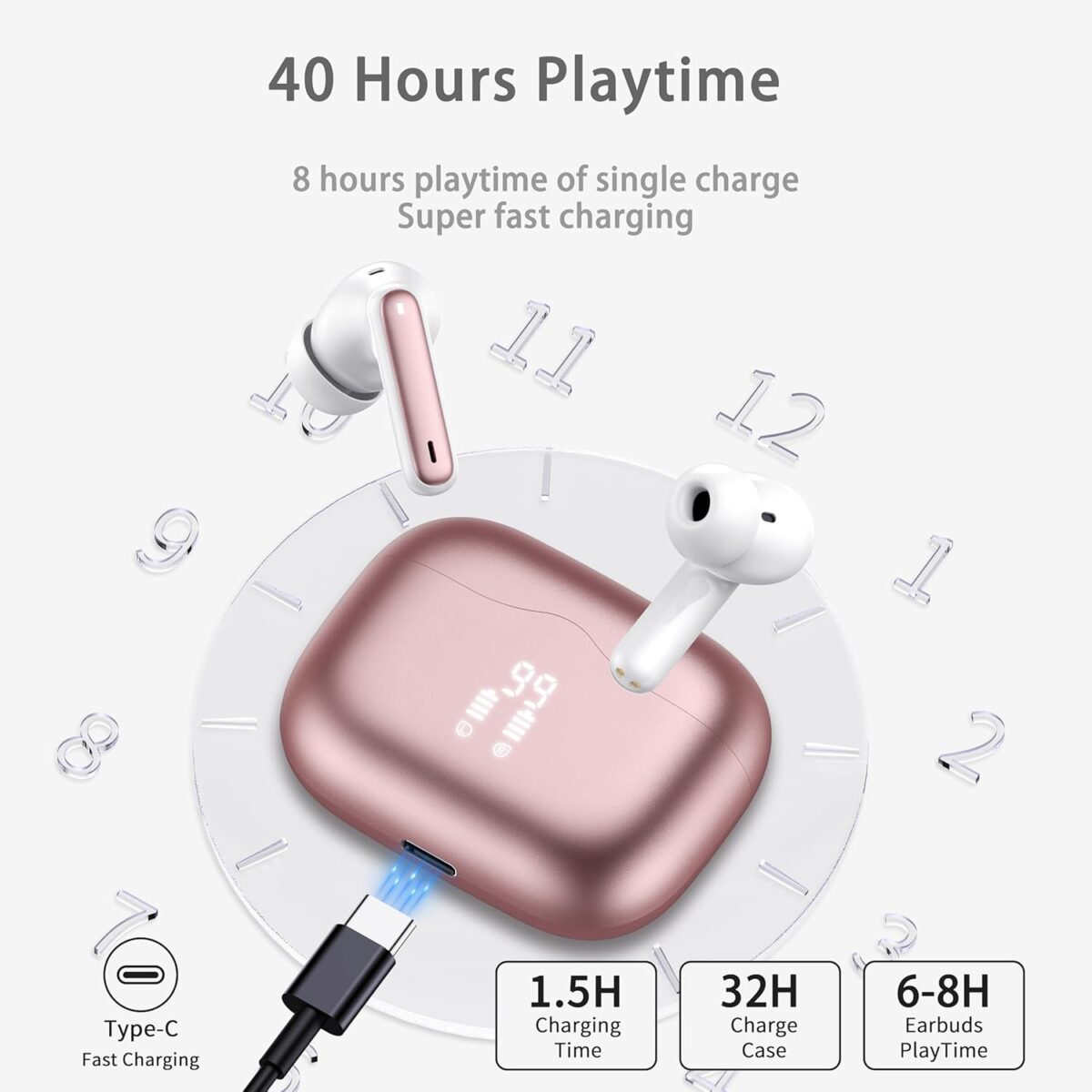 Wireless Earbuds, 2025 Bluetooth 5.4 Headphones in Ear with 4 ENC Noise Cancelling Mic, New Wireless Earphones HiFi Stereo Deep Bass 40H Playtime, LED, in-Ear Bluetooth Ear Buds IP7 Waterproof, Rose - Image 4
