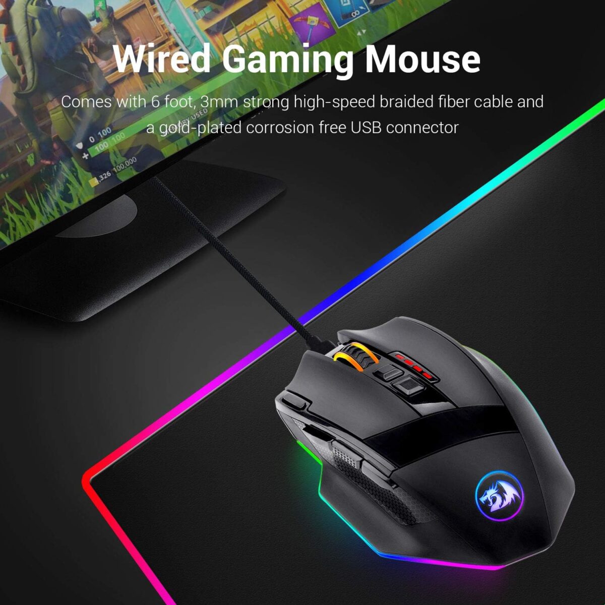 Redragon M801 Gaming Mouse, RGB PC Gaming Mouse MMO with 9 Programmable Buttons Macro Recording, 16000 DPI, Fire Button for Gaming Windows Computer - Wired, Black - Image 2