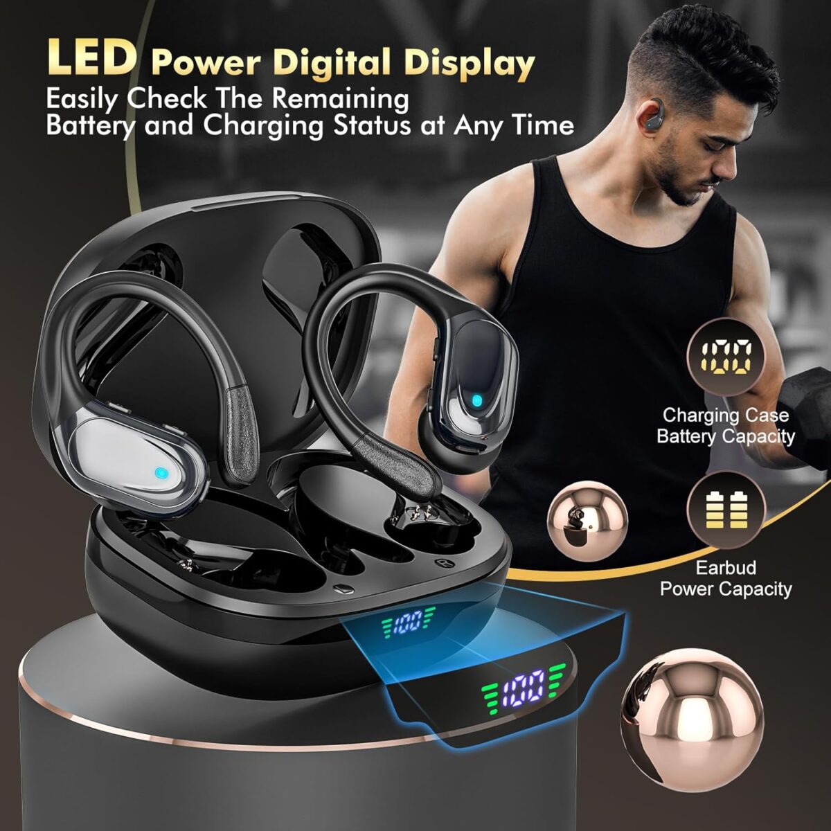 Wireless Earbuds Bluetooth Headphones 80hrs Playback Ear Buds Power Display with Noise Canceling Mic Headsets for Sports/Workout/Running Black - Image 2