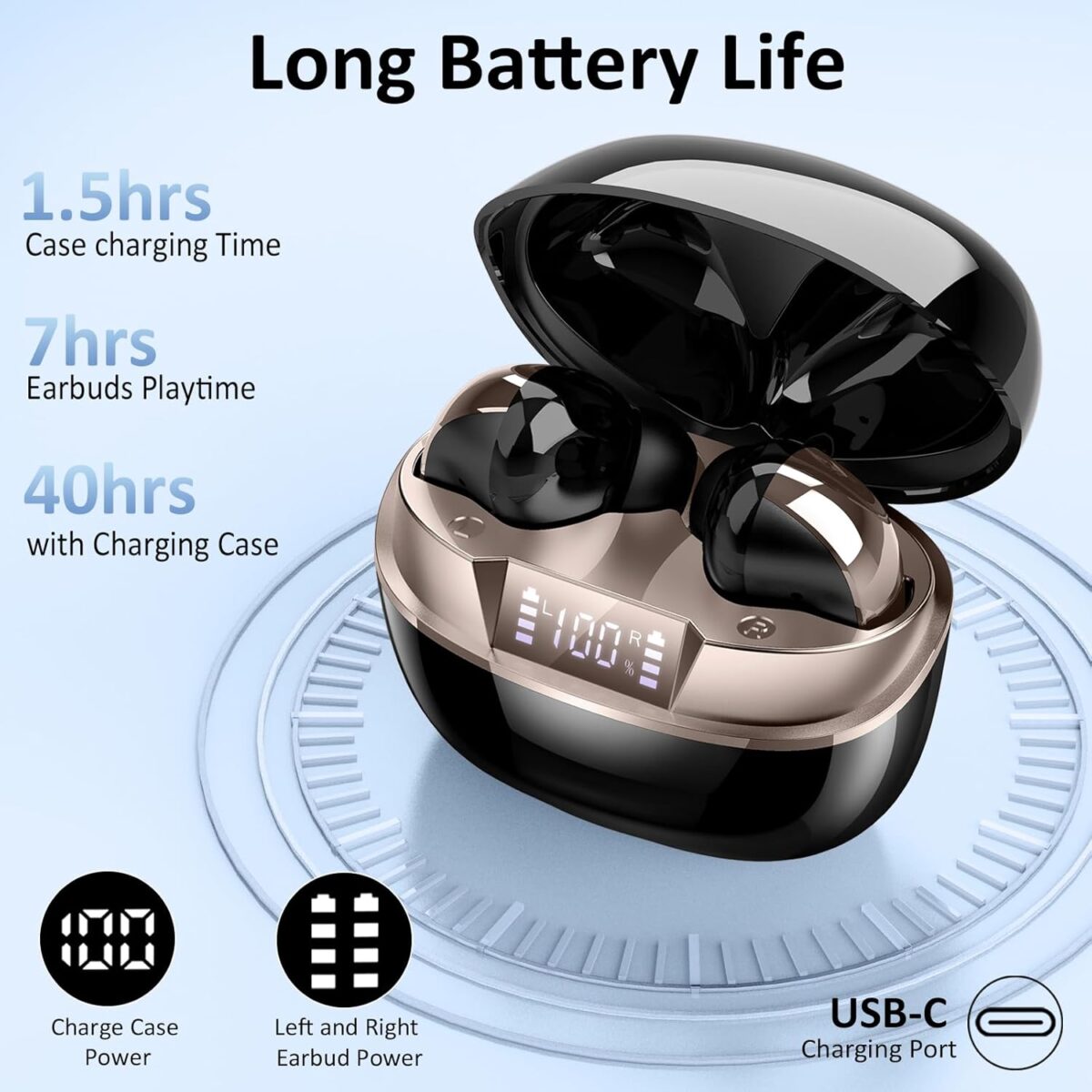 Wireless Earbuds, BluetWireless Earbuds, Bluetooth 5.4 Headphones in Ear, True Wireless Ear Buds HiFi Stereo Deep Bass with 4 ENC Noise Cancelling Mic, Bluetooth Ear Buds 47H Long Playtime LED IP7 Waterproof USB-C (Black)ooth 5.4, Deep Bass, ENC Mic, 47H, LED, IP7, USB-C – Black Gold - Image 5