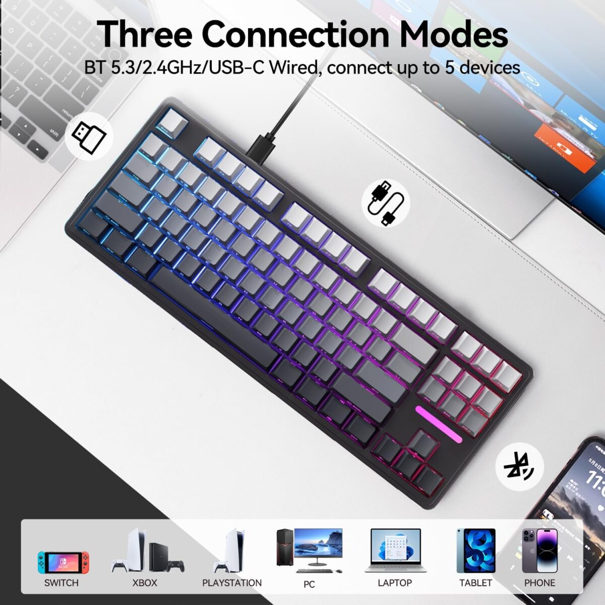 AUSDOM H87 Wireless Mechanical Keyboard, 10000mAh Battery Gasket Hot Swappable Custom Keyboard with RGB Backlit, Side Printed PBT Keycaps, Tri-Mode BT5.3/2.4GHz/USB-C Gaming Keyboards, Black Grey - Image 2