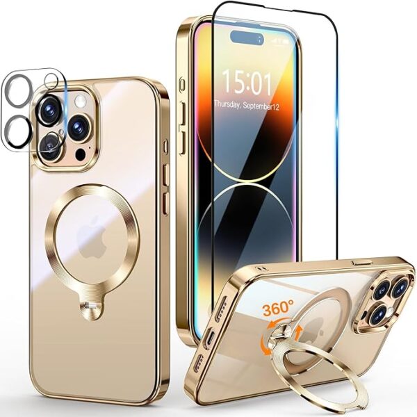 [Tri-Shield Protection] for iPhone 14 Pro Max Case with 360° Spin Stand Compatible with MagSafe [Magnetic CD Ring] [Screen & Camera Lens Protector] Shockproof Plating Never-Yellowing, Gold-6.7"