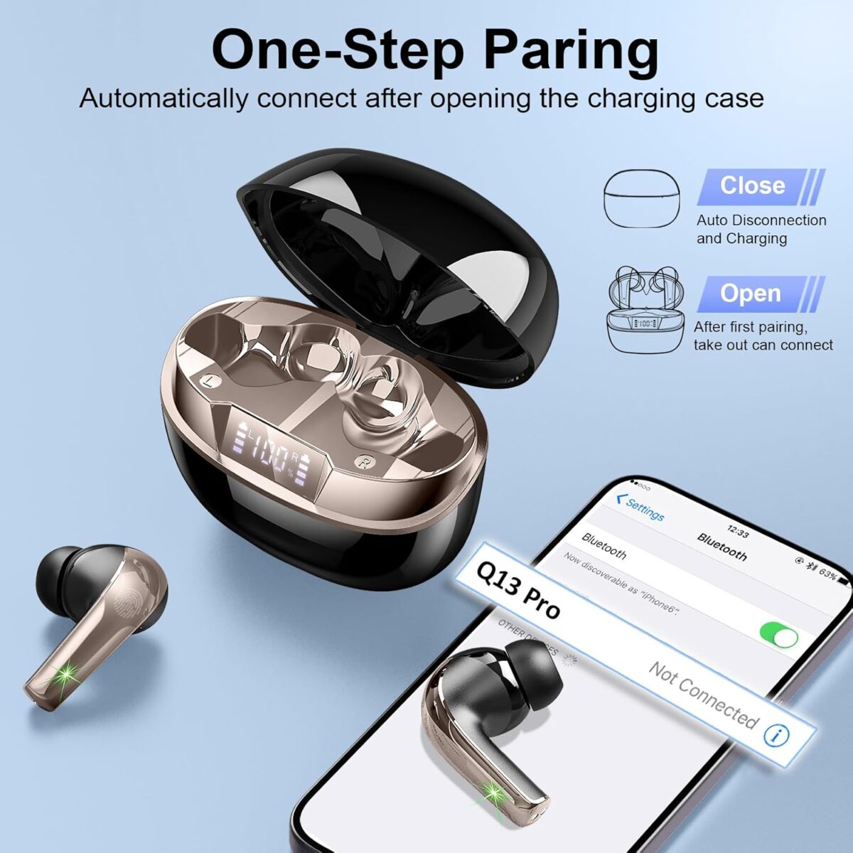 Wireless Earbuds, BluetWireless Earbuds, Bluetooth 5.4 Headphones in Ear, True Wireless Ear Buds HiFi Stereo Deep Bass with 4 ENC Noise Cancelling Mic, Bluetooth Ear Buds 47H Long Playtime LED IP7 Waterproof USB-C (Black)ooth 5.4, Deep Bass, ENC Mic, 47H, LED, IP7, USB-C – Black Gold - Image 6
