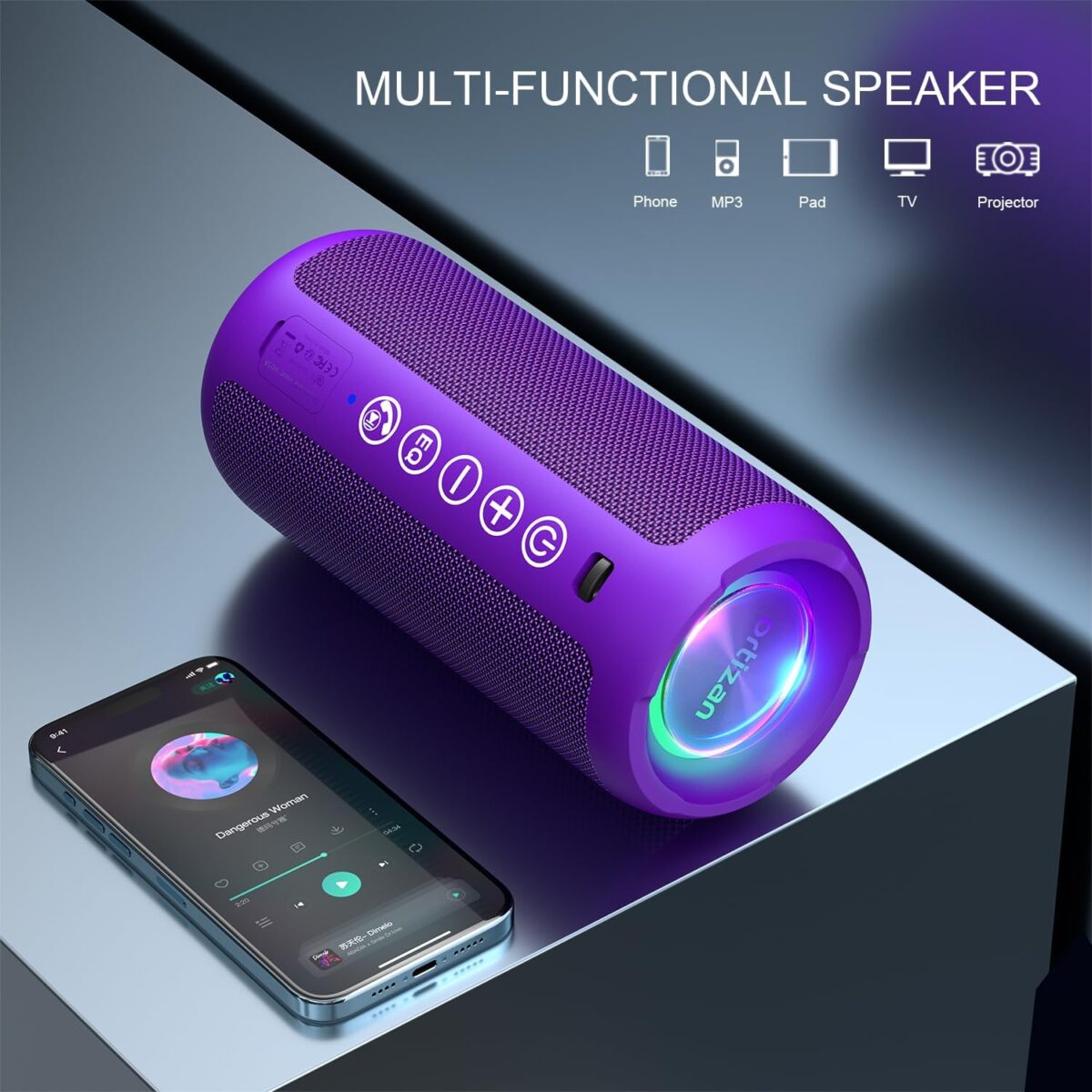 Ortizan Portable Bluetooth Speaker: IPX7 Waterproof, 24W Loud Sound, Deep Bass, Bluetooth 5.3, LED Lights, Wireless Stereo Pairing, 30H Playtime, for Home/Outdoor/Party/Beach, Birthday Gift (Purple) - Image 3