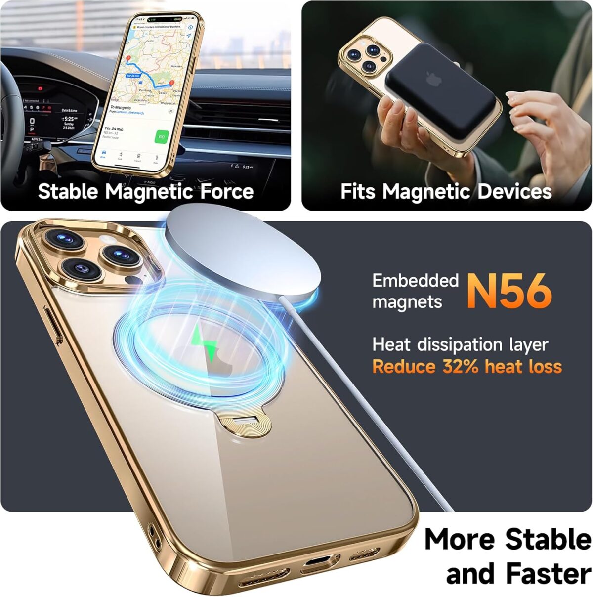 [Tri-Shield Protection] for iPhone 14 Pro Max Case with 360° Spin Stand Compatible with MagSafe [Magnetic CD Ring] [Screen & Camera Lens Protector] Shockproof Plating Never-Yellowing, Gold-6.7" - Image 3