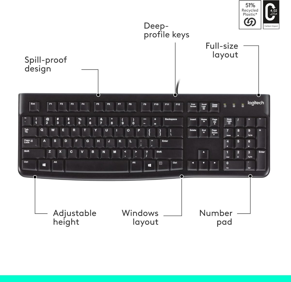 Logitech K120 Wired Keyboard for Windows, Plug and Play, Full-Size, Spill-Resistant, Curved Space Bar, Compatible with PC, Laptop - Black - Image 4