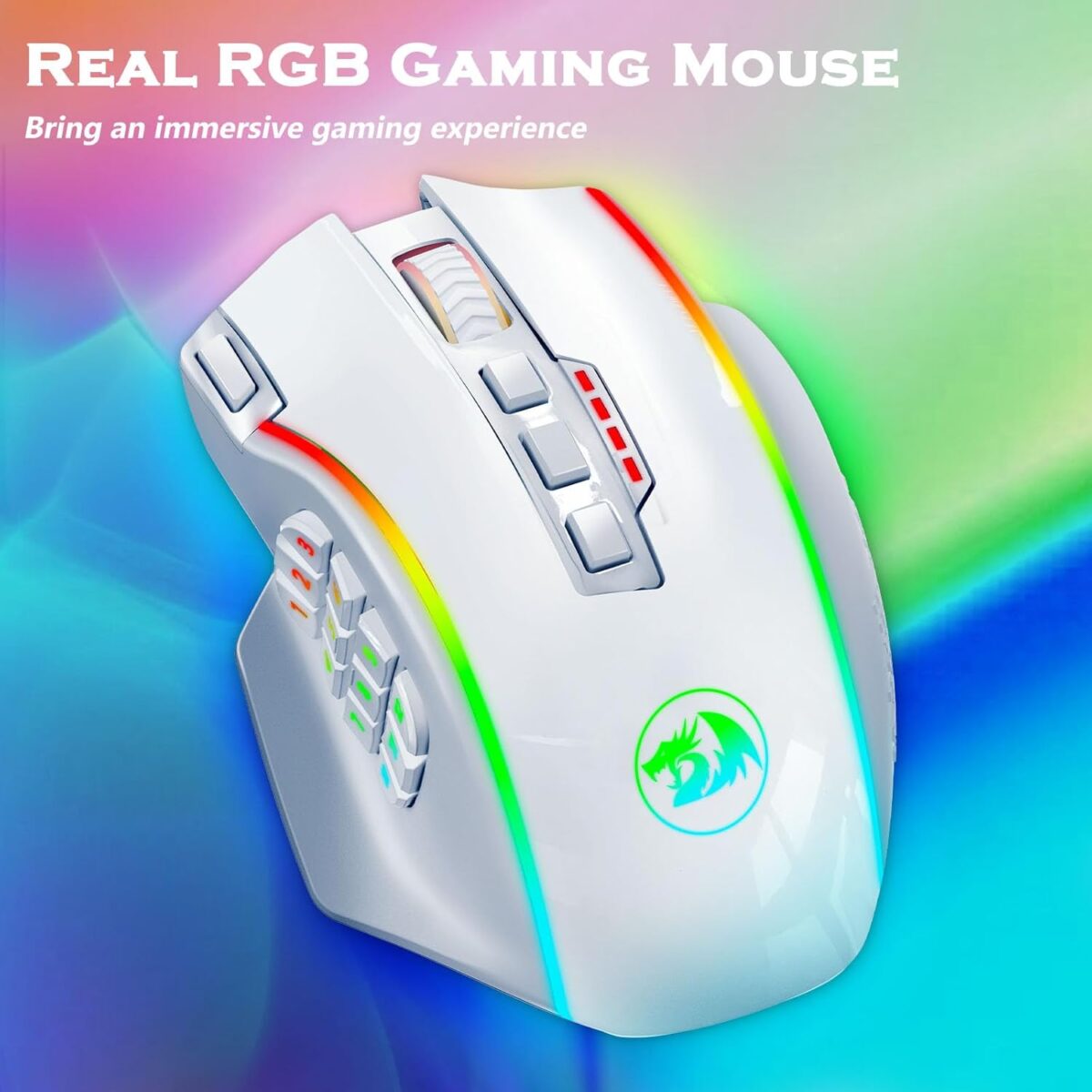 Redragon Wireless Gaming Mouse, MMO Gaming Mouse UP 16,000 DPI, 16 Macro Programmable Buttons, RGB Rechargeable Mouse with 12 Side Buttons, 70Hrs for PC Laptop MOBA FPS, White,M901P-WS - Image 4