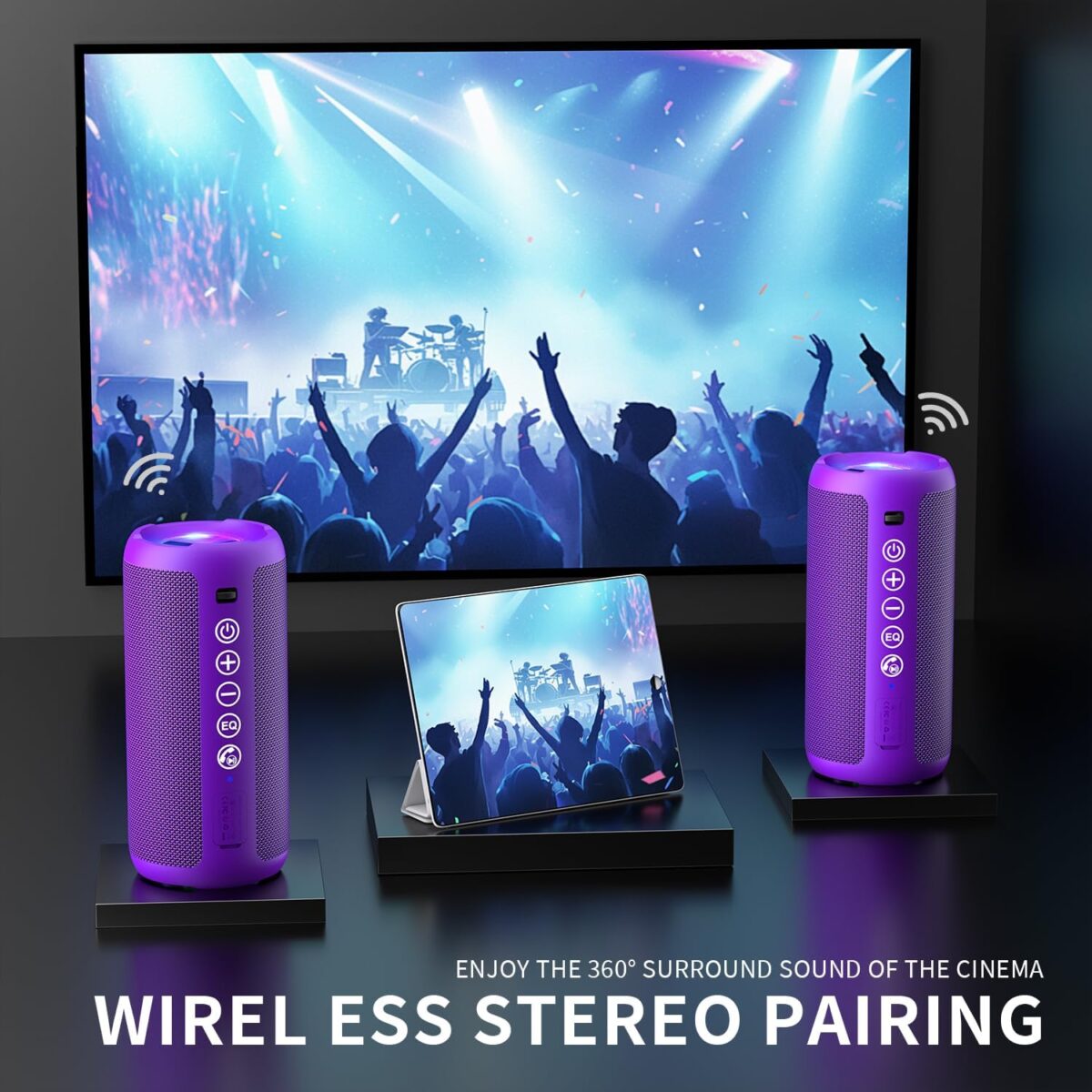 Ortizan Portable Bluetooth Speaker: IPX7 Waterproof, 24W Loud Sound, Deep Bass, Bluetooth 5.3, LED Lights, Wireless Stereo Pairing, 30H Playtime, for Home/Outdoor/Party/Beach, Birthday Gift (Purple) - Image 5