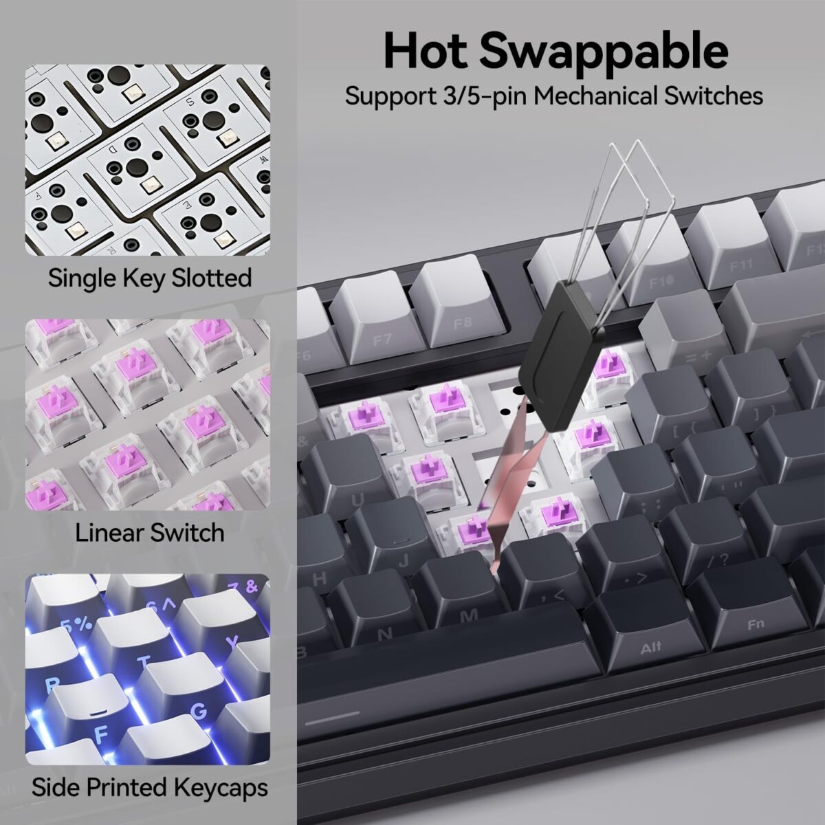 AUSDOM H87 Wireless Mechanical Keyboard, 10000mAh Battery Gasket Hot Swappable Custom Keyboard with RGB Backlit, Side Printed PBT Keycaps, Tri-Mode BT5.3/2.4GHz/USB-C Gaming Keyboards, Black Grey - Image 7