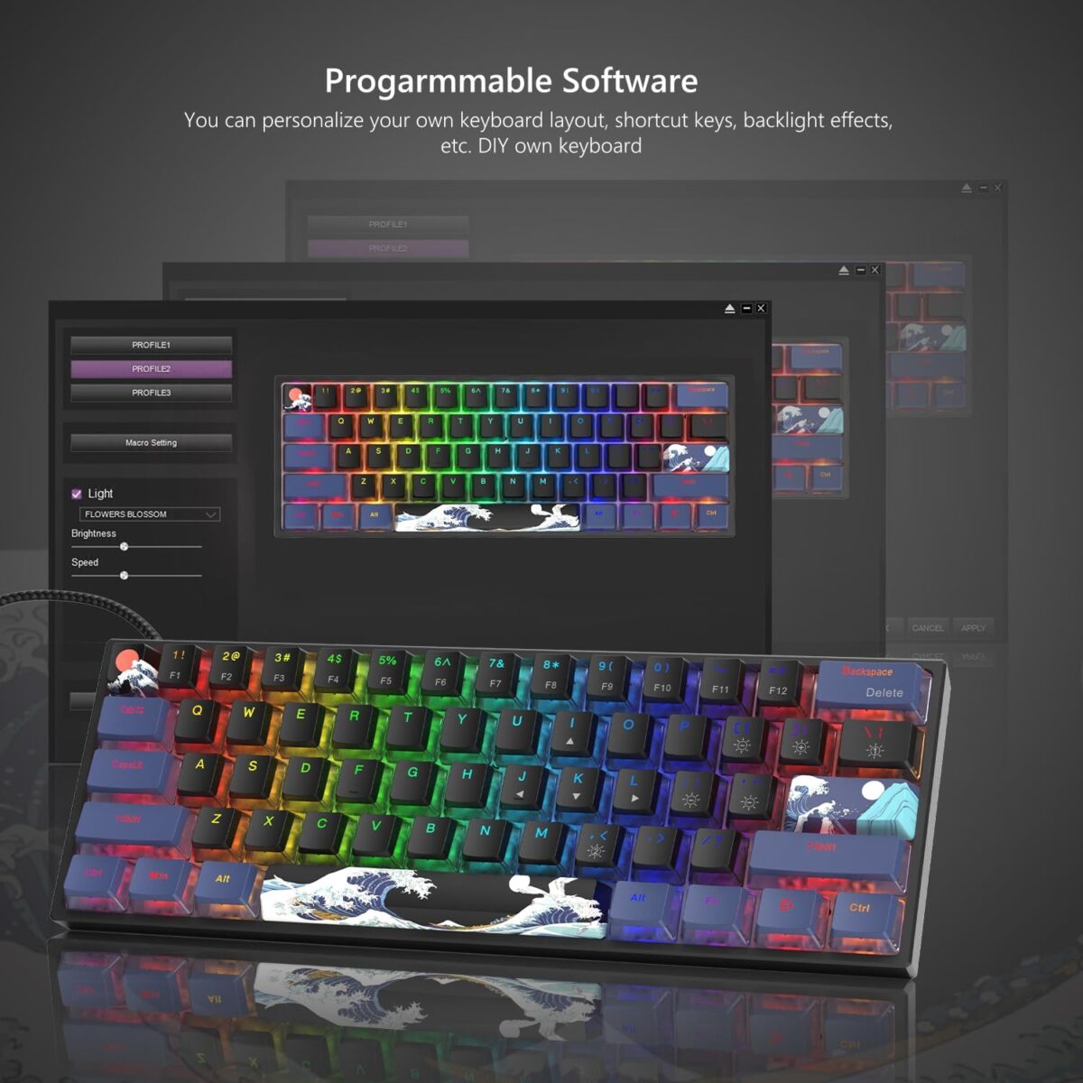 Womier 60% Percent Keyboard Gaming, WK61 Creamy Mechanical Wired Keyboard Anime, Hot-Swappable RGB Key Board with PBT Keycaps for Windows PC Gamers - POM Linear Red Switch(Black Kanagawa) - Image 4
