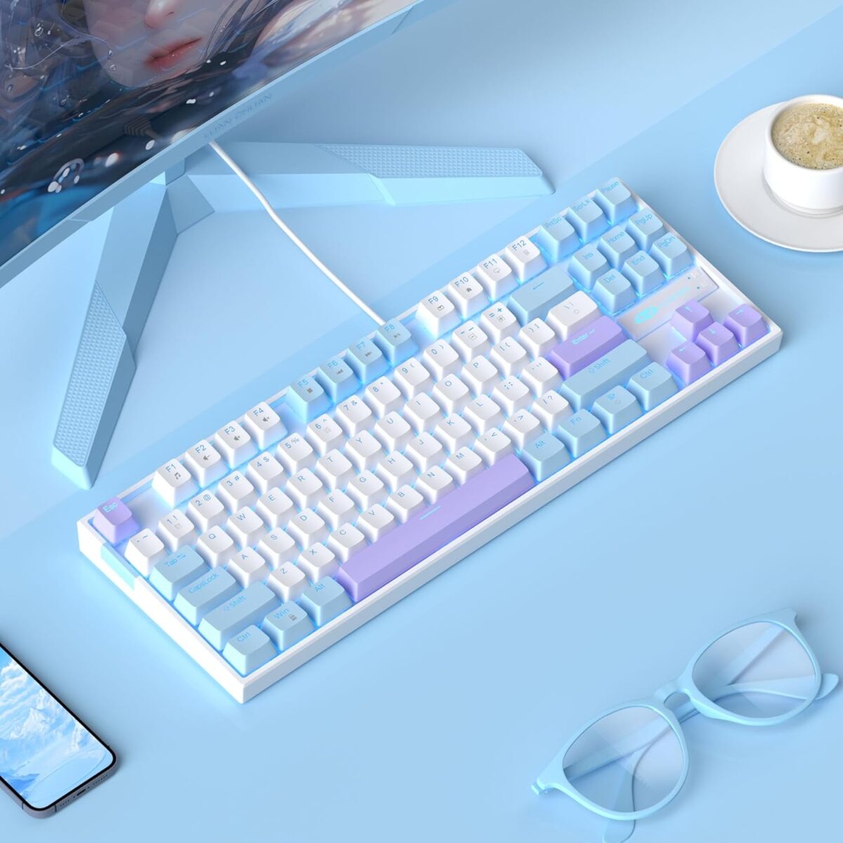 MageGee 75% Mechanical Gaming Keyboard, Red Switch, LED Blue Backlit, 87 Keys Compact TKL Wired Keyboards for Windows Laptop PC Gamer - White/Blue - Image 3