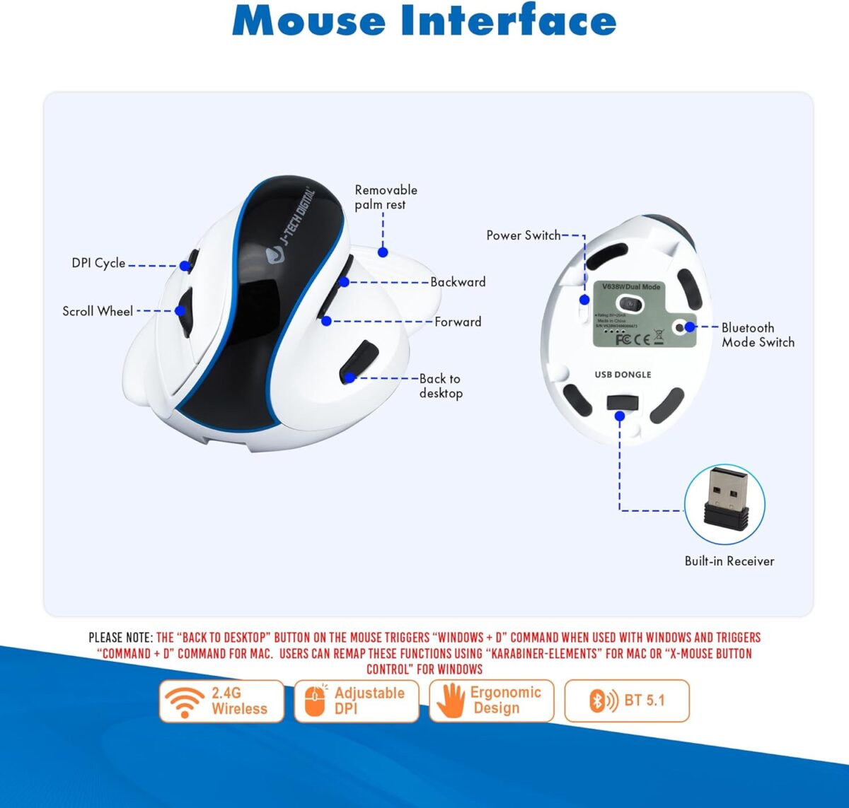 J-Tech Digital Wireless Mouse, Vertical Ergonomic Mouse with Bluetooth Dual Modes + USB Dongle + Rechargeable w/ 2.4GHz Wireless + Adjustable DPI 3200 for Laptop, Desktop, PC, Mac [V638W], White - Image 3