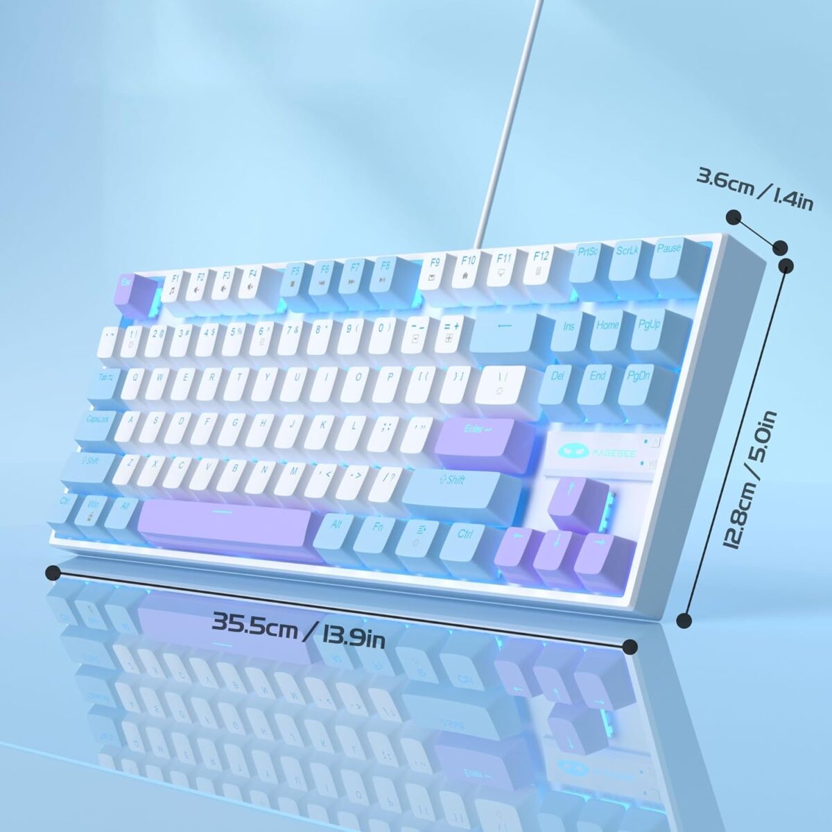 MageGee 75% Mechanical Gaming Keyboard, Red Switch, LED Blue Backlit, 87 Keys Compact TKL Wired Keyboards for Windows Laptop PC Gamer - White/Blue - Image 2