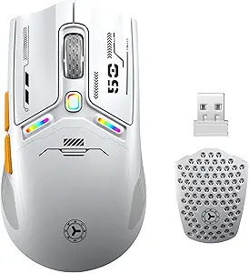 TENMOS M530 Wireless Gaming Mouse, 2.4G/Bluetooth/USB C Wired Rechargeable Mouse, 12000 DPI, RGB, 6 Programmable Buttons, Honeycomb Magnetic Cover, with Receiver Extender for Laptop/PC/Mac, White