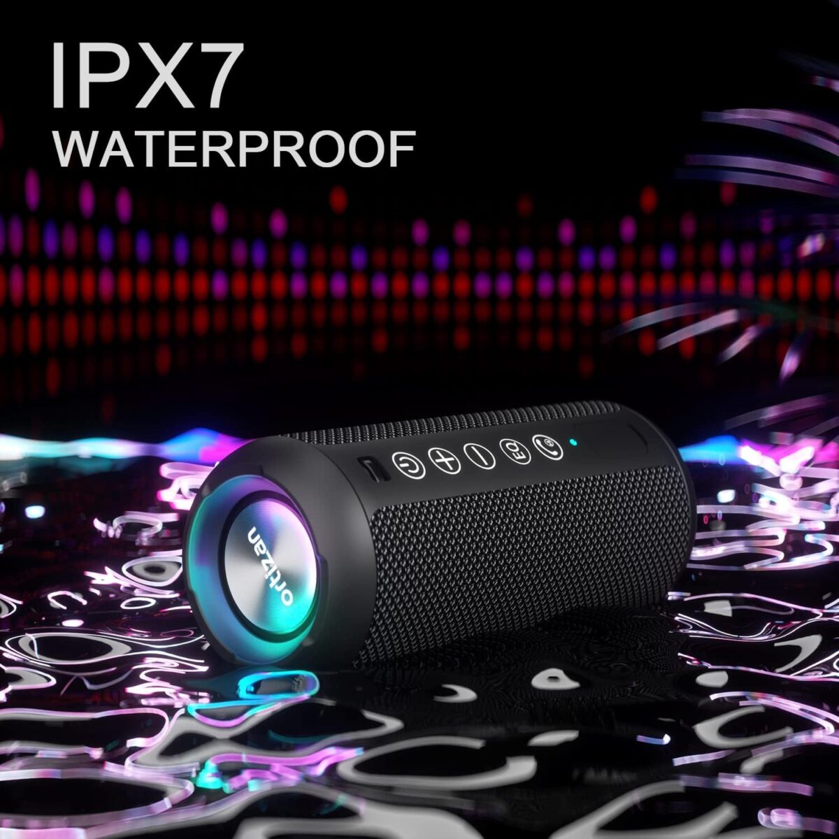 Ortizan Portable Bluetooth Speaker: IPX7 Waterproof, 24W Loud Sound, Deep Bass, Bluetooth 5.3, LED Lights, Wireless Stereo Pairing, 30H Playtime, for Home/Outdoor/Party/Beach, Birthday Gift (Black) - Image 3