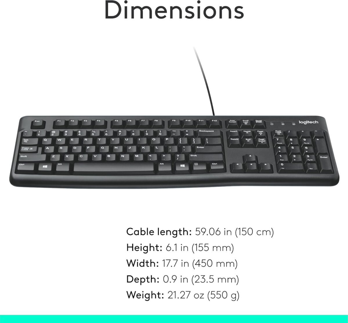 Logitech K120 Wired Keyboard for Windows, Plug and Play, Full-Size, Spill-Resistant, Curved Space Bar, Compatible with PC, Laptop - Black - Image 3