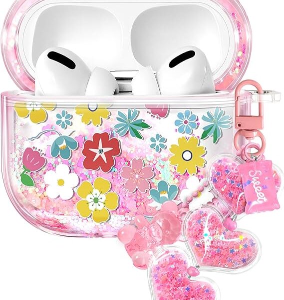 Coralogo for Apple for Airpods Pro 1/2 Case - Women Girls Cute Girly Kawaii for Airpods Pro 2nd Generation Case Cover Glitter Liquid Sparkle Flower Floral Hard Shell Keychain Funda Estuche Forro