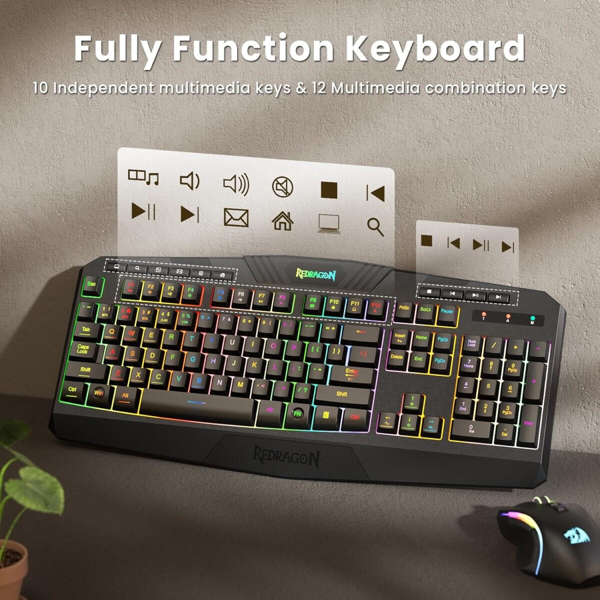 Redragon S101M-KS Gaming Keyboard and Mouse Wireless with Tri-Mode, RGB Keyboard and 4800 DPI Gaming Mouse, 10 Independent Multimedia Keys for Wins, PC, Computer, Wireless S101 Ideal for Gamer - Image 4