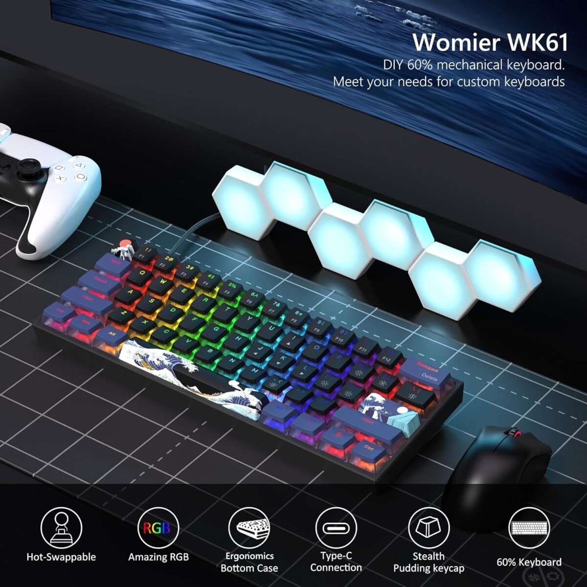 Womier 60% Percent Keyboard Gaming, WK61 Creamy Mechanical Wired Keyboard Anime, Hot-Swappable RGB Key Board with PBT Keycaps for Windows PC Gamers - POM Linear Red Switch(Black Kanagawa) - Image 6