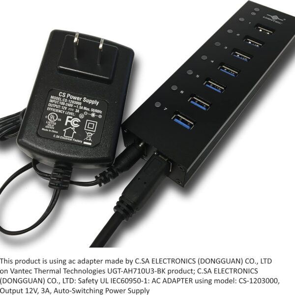 Vantec 7-Port USB 3.0 Hub, Aluminum, Full Powered, Mountable, with All Ports Data & Charging Up to 1.5A, BC 1.2, Premium 12V/3A, 36W Power Adapter (UGT-AH710U3-BK),Black