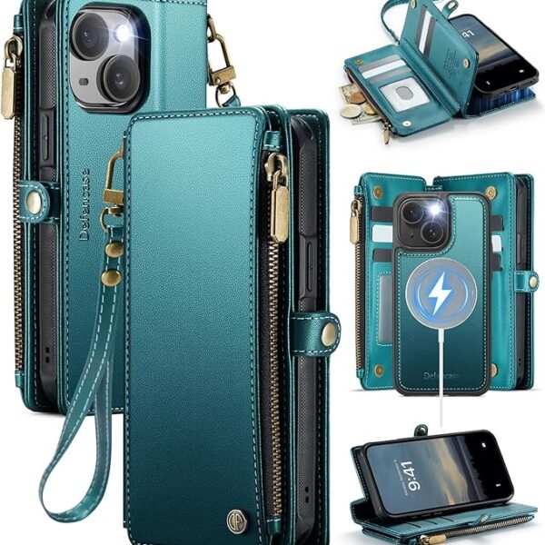 Defencase for iPhone 15 Plus Magnetic Wallet Case Compatible with Magsafe with RFID Blocking Zipper Strap Card Holder for Women Men PU Leather Detachable Case for iPhone 15 Plus (6.7 inch), Blue Green