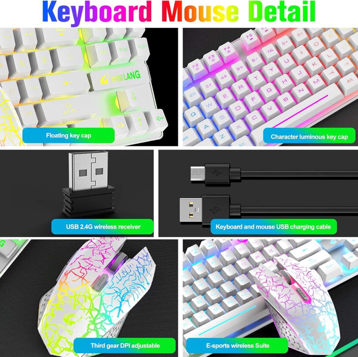 LexonElec Wireless RGB Backlit Gaming Keyboard Mouse Combo,Rechargeable 3800mAh Battery, 87-Key Mechanical Feel Keyboard, Quiet Mouse and Mouse Pad for Gamers and Office Typists(White) - Image 4