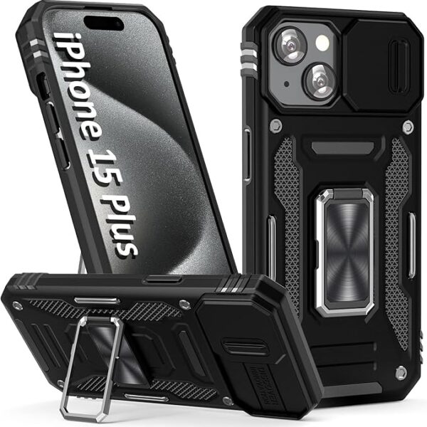 iPhone 15 Plus Case with Slide Camera Cover, Ring Holder Stand & Magnetic Car Mount – Black