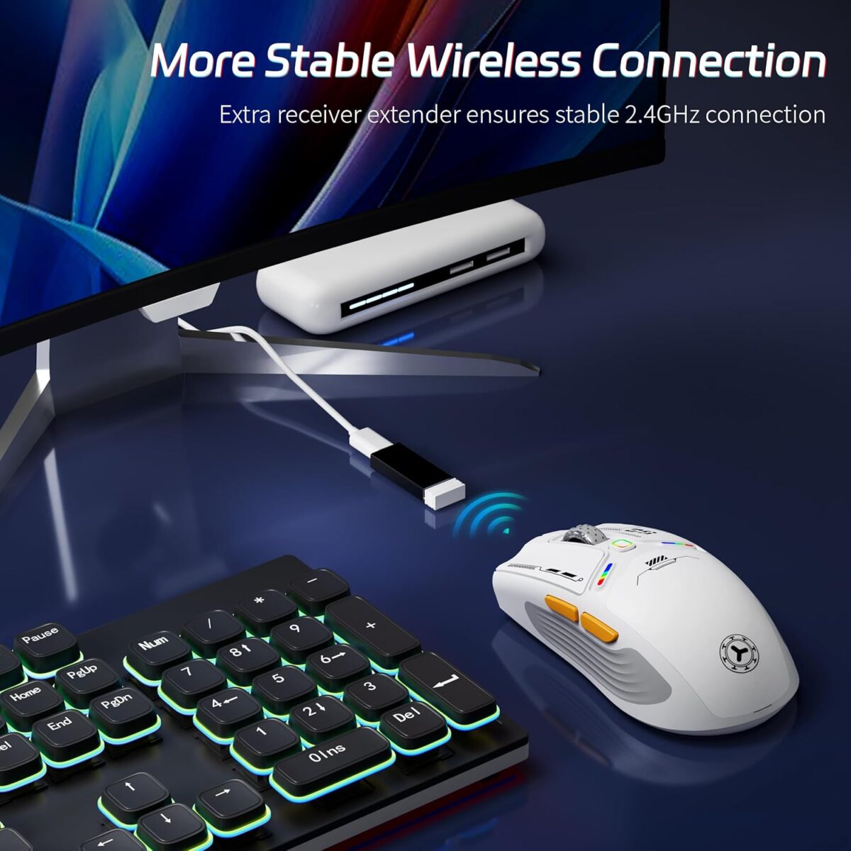TENMOS M530 Wireless Gaming Mouse, 2.4G/Bluetooth/USB C Wired Rechargeable Mouse, 12000 DPI, RGB, 6 Programmable Buttons, Honeycomb Magnetic Cover, with Receiver Extender for Laptop/PC/Mac, White - Image 3