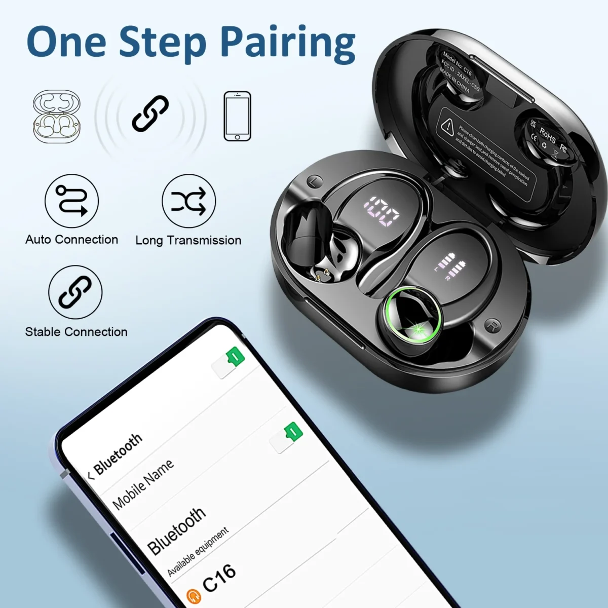 Wireless Earbuds, Bluetooth 5.4 Headphones Sports, 50H Playback Over Ear buds with ENC Noise Cancelling Mic, Deep Bass Fitness Earphones Gym Running Workout with Earhooks, IP7 Waterproof Headset - Image 5