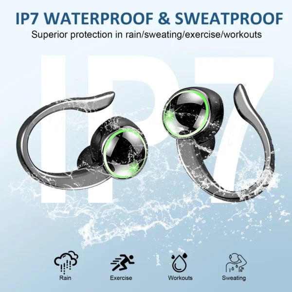 Wireless Earbuds, Bluetooth 5.4 Headphones Sports, 50H Playback Over Ear buds with ENC Noise Cancelling Mic, Deep Bass Fitness Earphones Gym Running Workout with Earhooks, IP7 Waterproof Headset