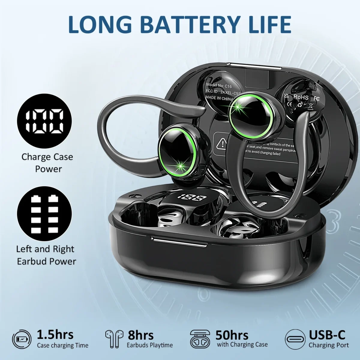 Wireless Earbuds, Bluetooth 5.4 Headphones Sports, 50H Playback Over Ear buds with ENC Noise Cancelling Mic, Deep Bass Fitness Earphones Gym Running Workout with Earhooks, IP7 Waterproof Headset - Image 2