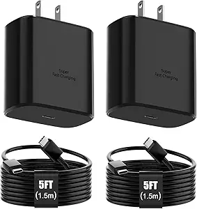45W Super Fast Charger Type C for Samsung, 45 Watt USB-C Charger PD/PPS Wall Charging Block with 5FT Type C Cords for Samsung Galaxy S25 Ultra/S25+/S25/S24/S23 Ultra/S23+/S22 Ultra/S22+ -2 Pack