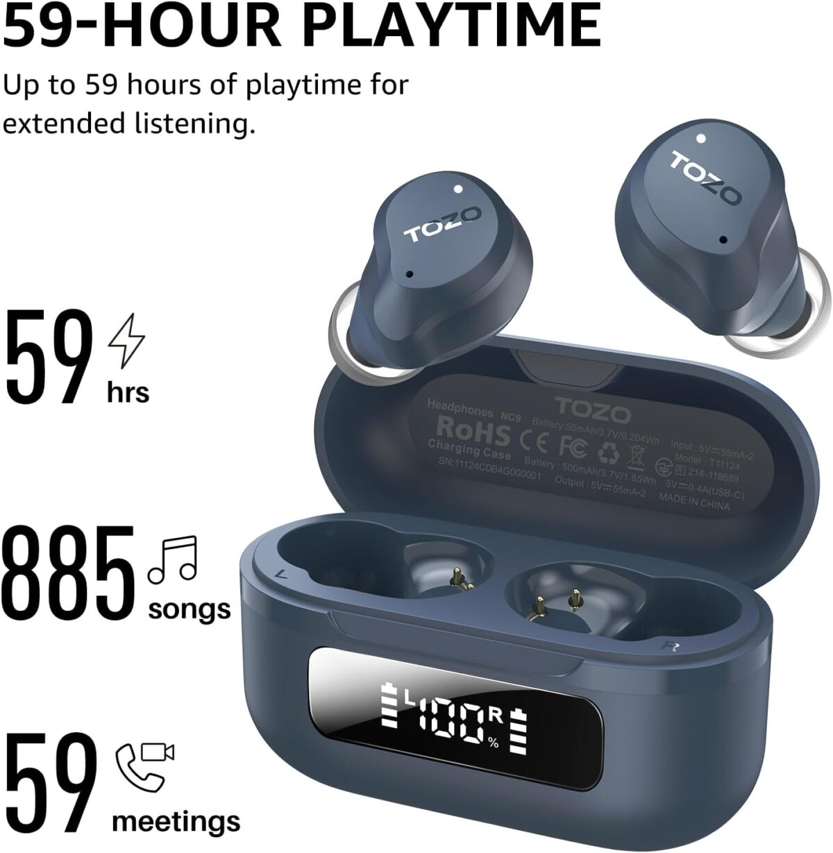 TOZO NC9 Hybrid Active Noise Cancelling Wireless Earbuds, Stereo Bluetooth Ear Buds, 6-Mic ENC, 59H Play, App 32EQ, IPX8 Waterproof in-Ear Headphones for Home Sport, Travel, Office, Black - Image 4