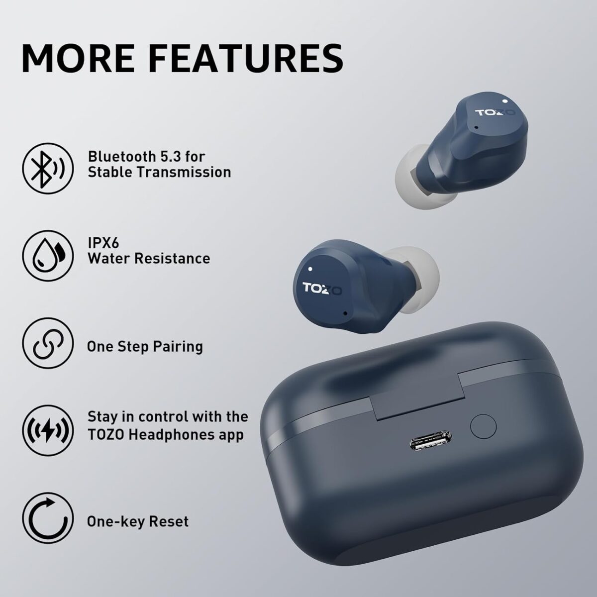 TOZO NC9 Hybrid Active Noise Cancelling Wireless Earbuds, Stereo Bluetooth Ear Buds, 6-Mic ENC, 59H Play, App 32EQ, IPX8 Waterproof in-Ear Headphones for Home Sport, Travel, Office, Black - Image 2