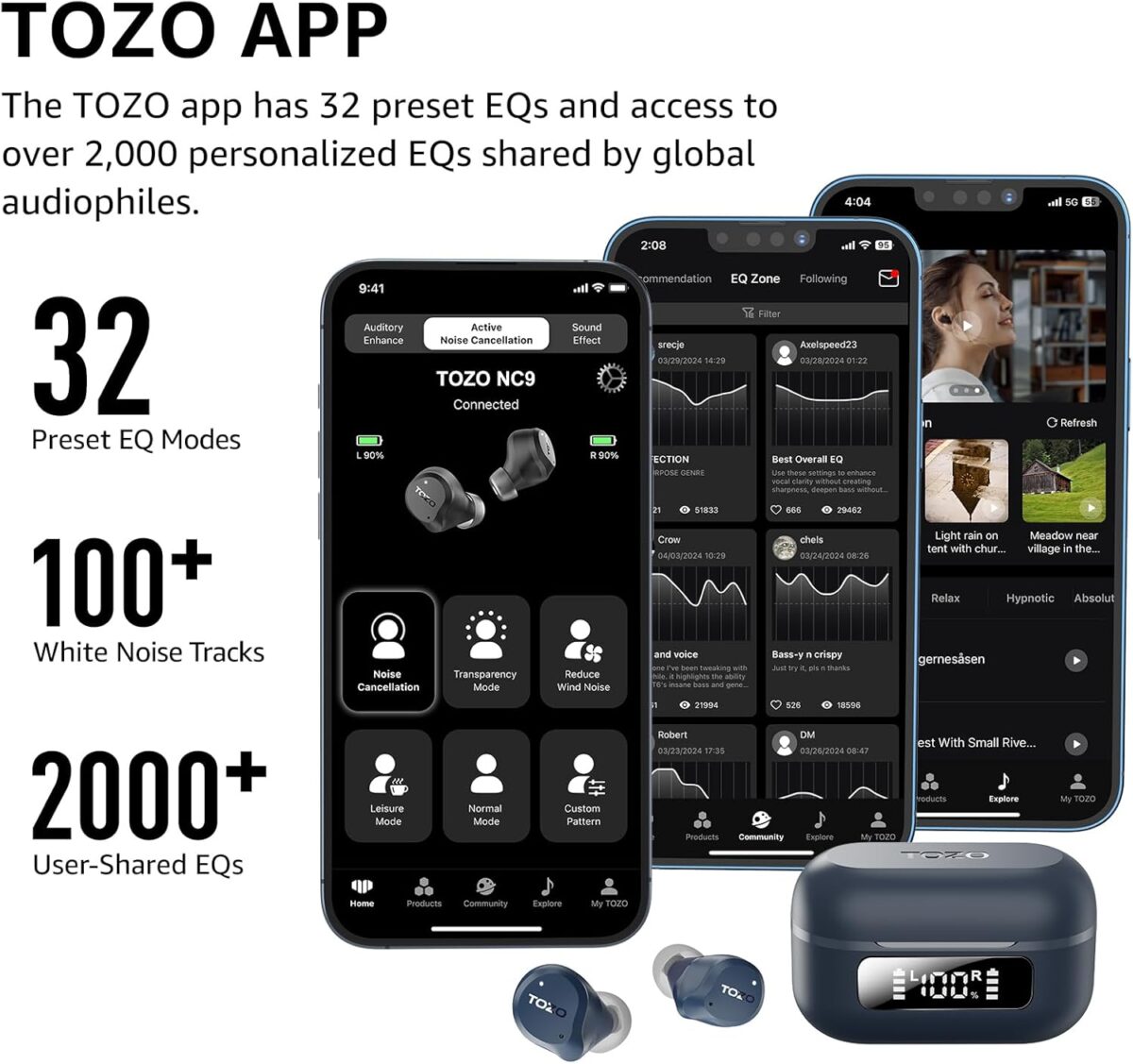 TOZO NC9 Hybrid Active Noise Cancelling Wireless Earbuds, Stereo Bluetooth Ear Buds, 6-Mic ENC, 59H Play, App 32EQ, IPX8 Waterproof in-Ear Headphones for Home Sport, Travel, Office, Black - Image 3