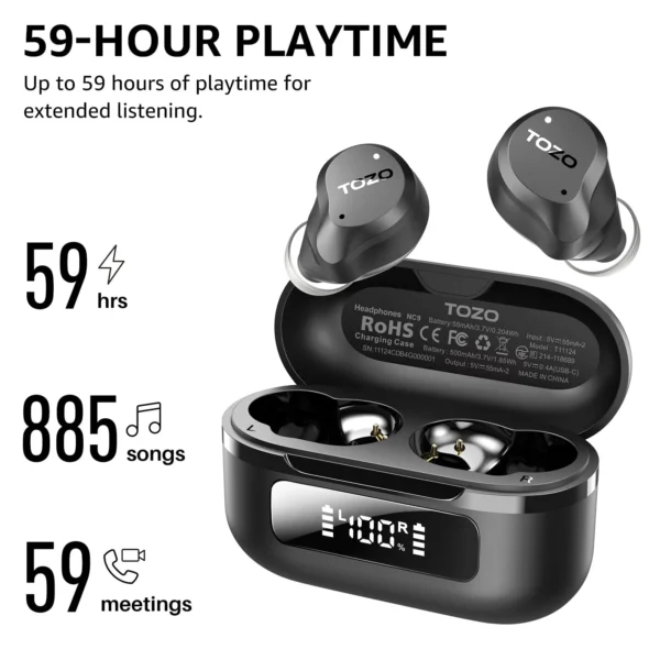TOZO NC9 Hybrid Active Noise Cancelling Wireless Earbuds, Stereo Bluetooth Ear Buds, 6-Mic ENC, 59H Play, App 32EQ, IPX8 Waterproof in-Ear Headphones for Home Sport, Travel, Office, Black