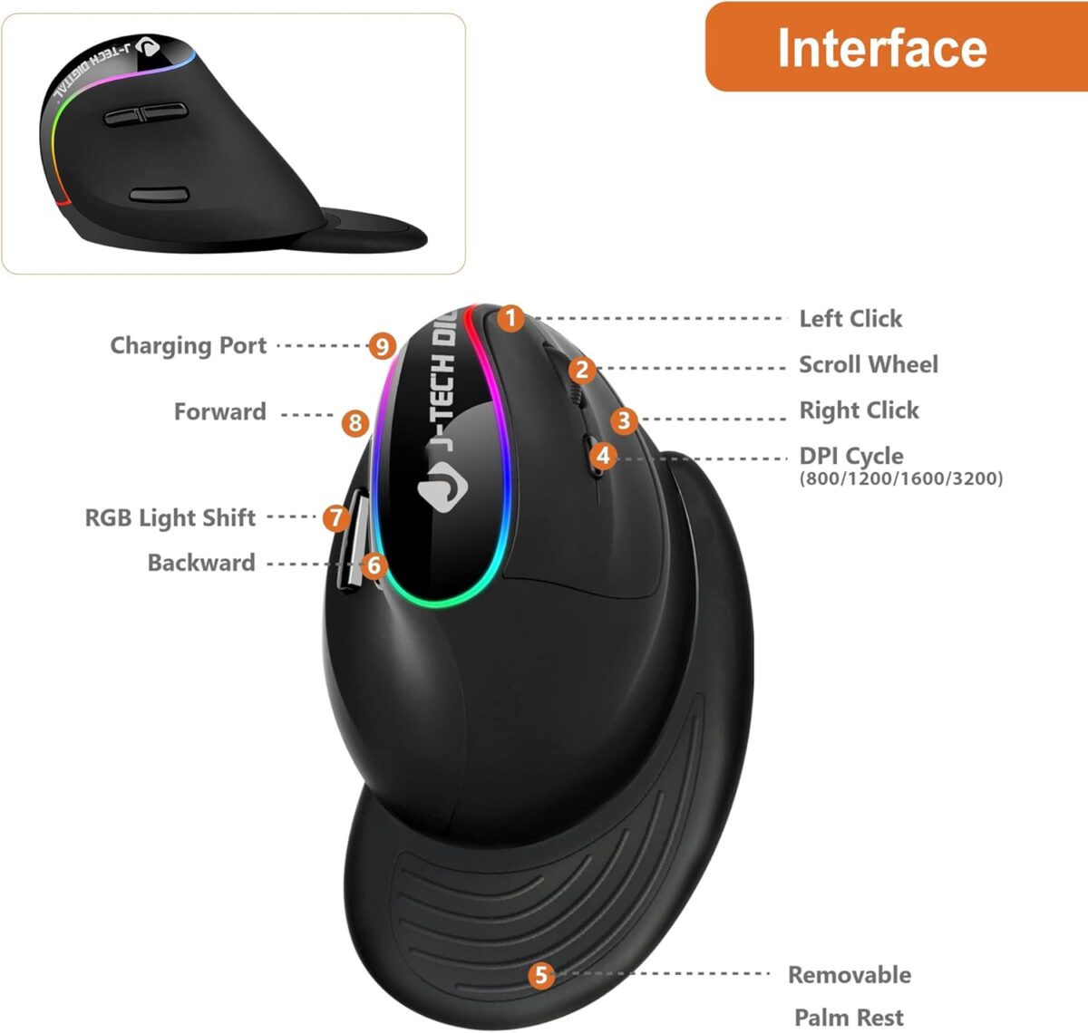 J-Tech Digital Ergonomic Mouse with Wireless Connection, Removable Palm Rest, Thumb Buttons, Rechargeable Battery, 800 DPI, Compatible with Windows and MAC OS - Image 3