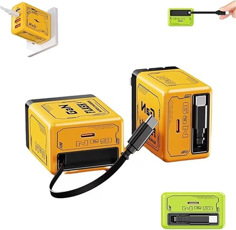 2-in-1 GaN 120w Fast Charger, Retractable Wall Fasts Charging Power Adapter, with Type C Cable and USB Ports, Versatile Portable Fast Charger Module for iPhone, Phone, Laptops. (Orange 2pcs)