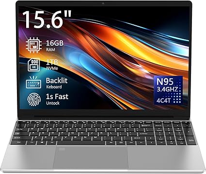15.6" Laptop Computer Notebook, 16GB RAM, 1TB NVMe SSD, 4-Core N95 Processor, FHD Display, Backlit Keyboard, Fingerprint, Webcam, Bluetooth, WiFi, Win 11 Pro, 10TB Upgradeable; T152A, Silver