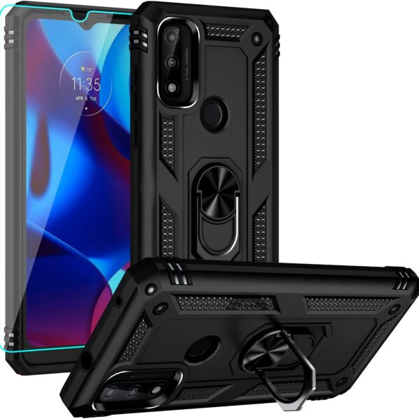 Moto G Pure Case,with HD Screen Protector, [Military Grade] Ring Car Mount Kickstand Hybrid Hard PC Soft TPU Shockproof Protective Case for Moto G Power 2022 (Black)