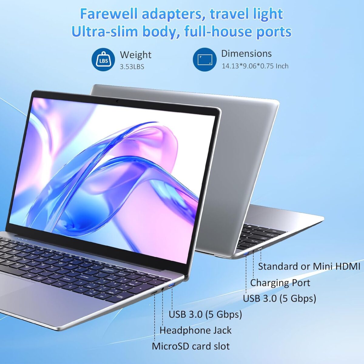 15.6" Laptop Computer Notebook, 16GB RAM, 1TB NVMe SSD, 4-Core N95 Processor, FHD Display, Backlit Keyboard, Fingerprint, Webcam, Bluetooth, WiFi, Win 11 Pro, 10TB Upgradeable; T152A, Silver - Image 5