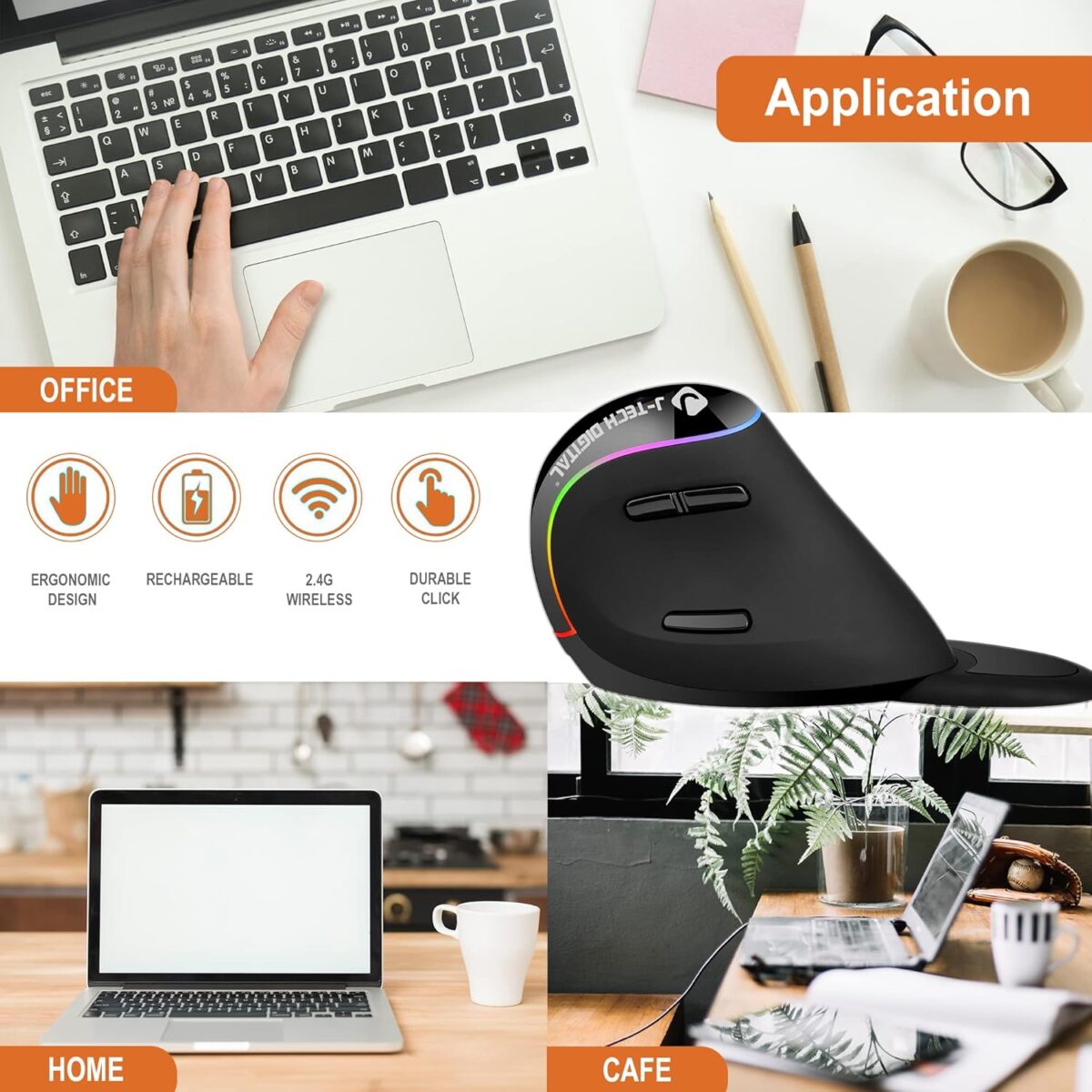 J-Tech Digital Ergonomic Mouse with Wireless Connection, Removable Palm Rest, Thumb Buttons, Rechargeable Battery, 800 DPI, Compatible with Windows and MAC OS - Image 2